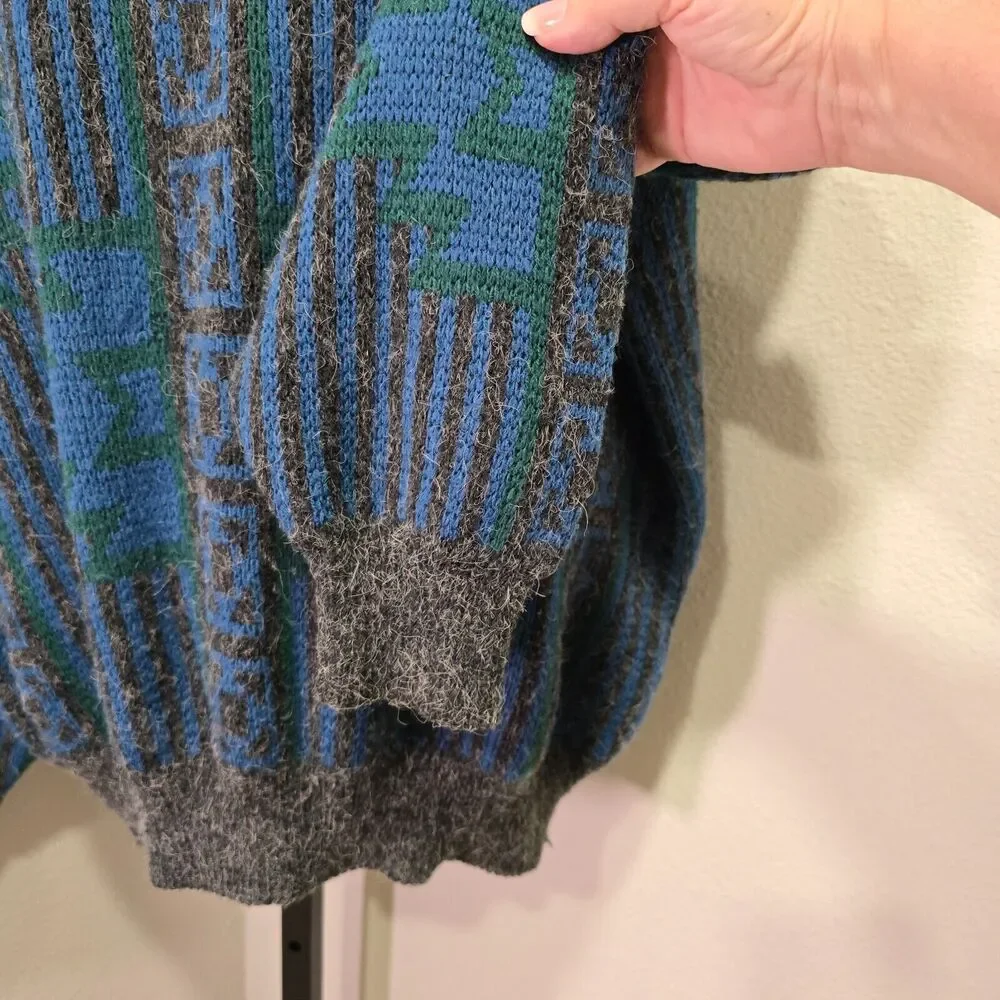 Vintage 80s Wool Blend Crew Sweater Mens Sz XL Grandpa Dad Chunky Gray Blue Cozy